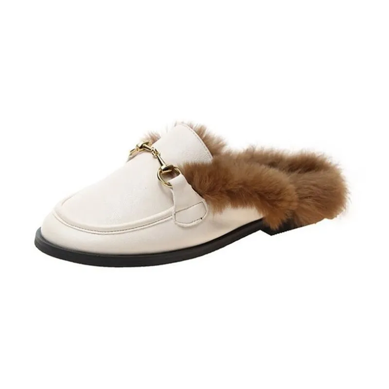 

Brand 2020 Winter Luxury Metal Chain Flat Leather Slippers Slip On Fur Slides Loafers Mules Women Warm Slipper