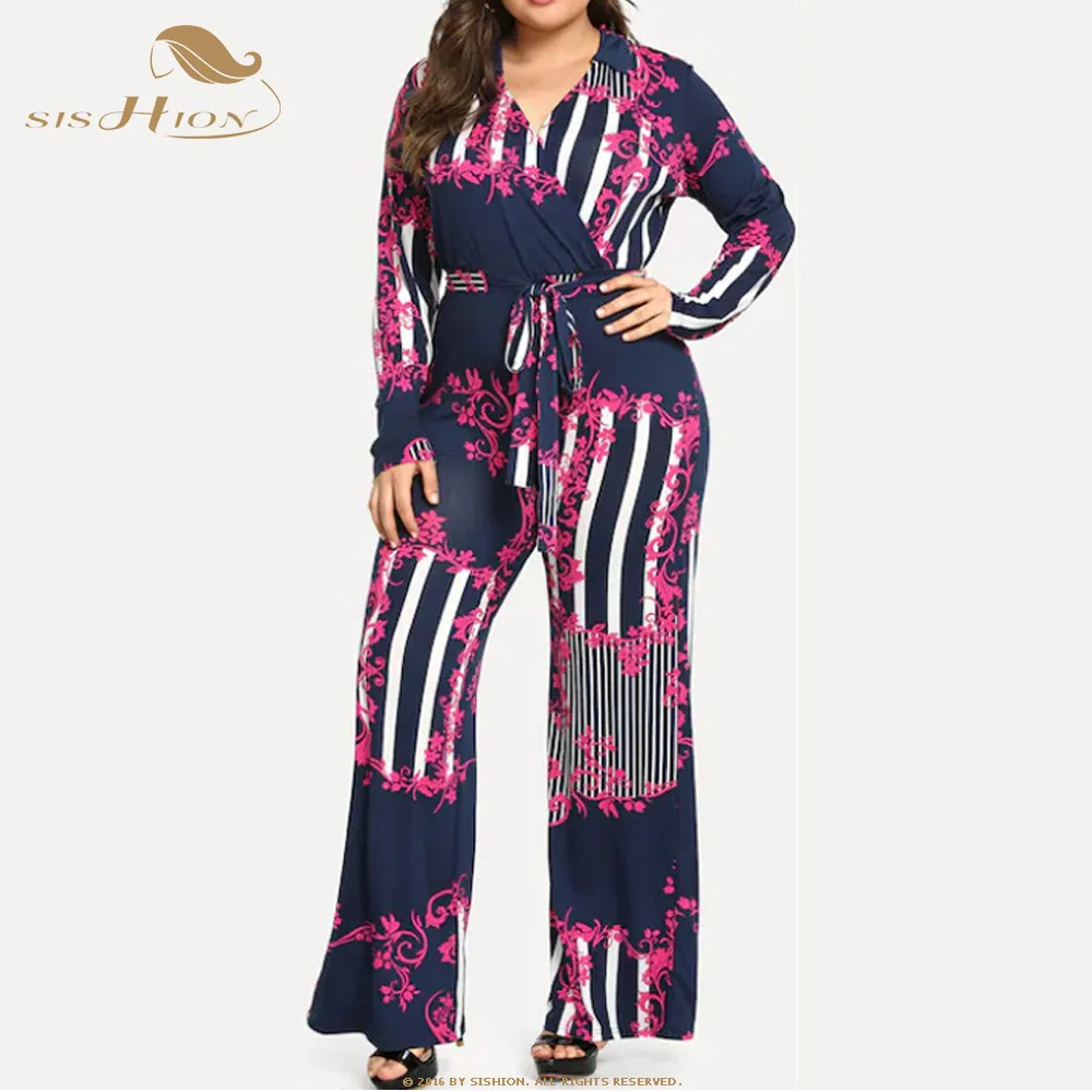 SISHION Women Casual Loose Jumpsuit VD1260 Long Sleeve Print Striped Rompers Trousers Elastic Overalls for Women