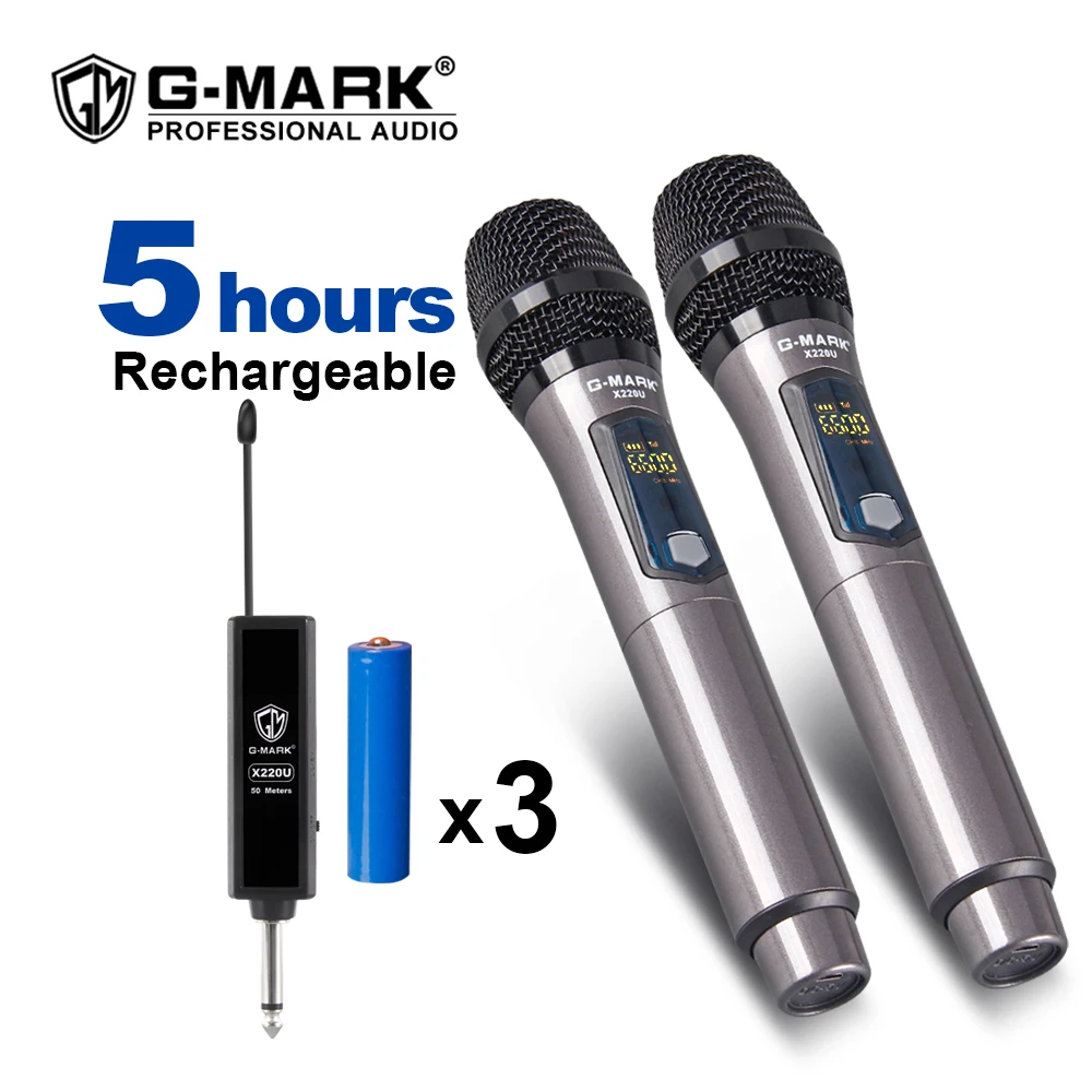 Microfone sem Fio Bateria de Lítio G-mark Gravação Karaoke Microfone Handheld 2 Canais 50m Recebendo Distância X220u Uhf