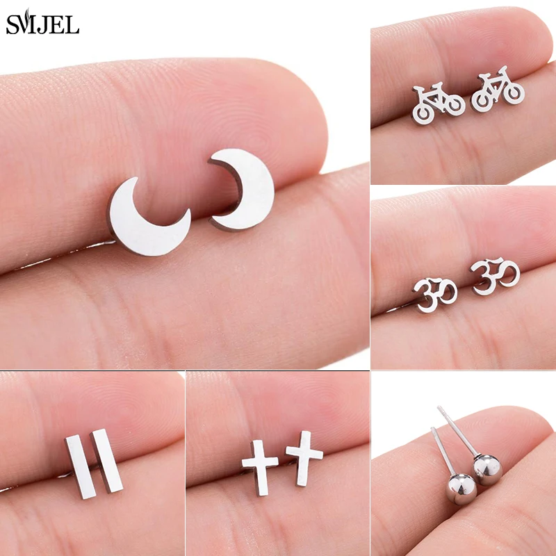 Tiny Stainless Steel Moon Stud Earrings 2021 Trend Cross OM Symbol Bicycle Bar Ball for Women Child Christmas Gifts | Украшения и
