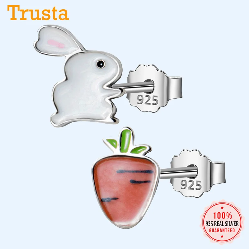 Trusta 925 пробы серебряные модные милые маленькие глазурные серьги-гвоздики с кроликом репой подарок для школьниц-подростков DS155