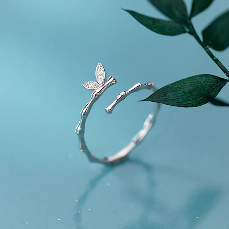 ANENJERY, Милые простые кольца с бабочкой, цирконием, бамбуковым слоем, 925 пробы, серебряные Регулируемые кольца для женщин, ювелирные изделия, S-R525
