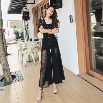 

Fashion Summer Women Chiffon High Waist Wide Leg Pants Bohemian Lace Up Sexy Hollow Out Long Beach Pants Lace See Through Pants