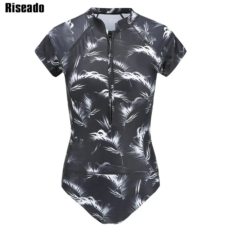 

Riseado 2019 Swimming Suits for Women Competitive One Piece Swimsuit Short-sleeved Swimwear Women Zipper Design Rash Guards