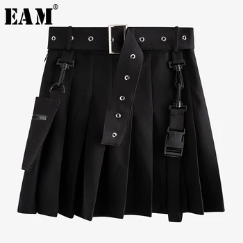 

[EAM] High Waist Black Pleated Split Buckle Temperament Half-body Skirt Women Fashion Tide New Spring Autumn 2020 SB84001