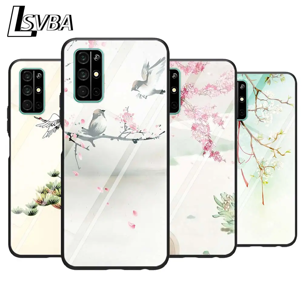 

For Huawei Honor 9A 9C 9S 9X Lite Phone Case Chinese landscape flower for Honor 30 Pro Plus 20S 8A 8C 8S 87 7C 7S Silicone Cover