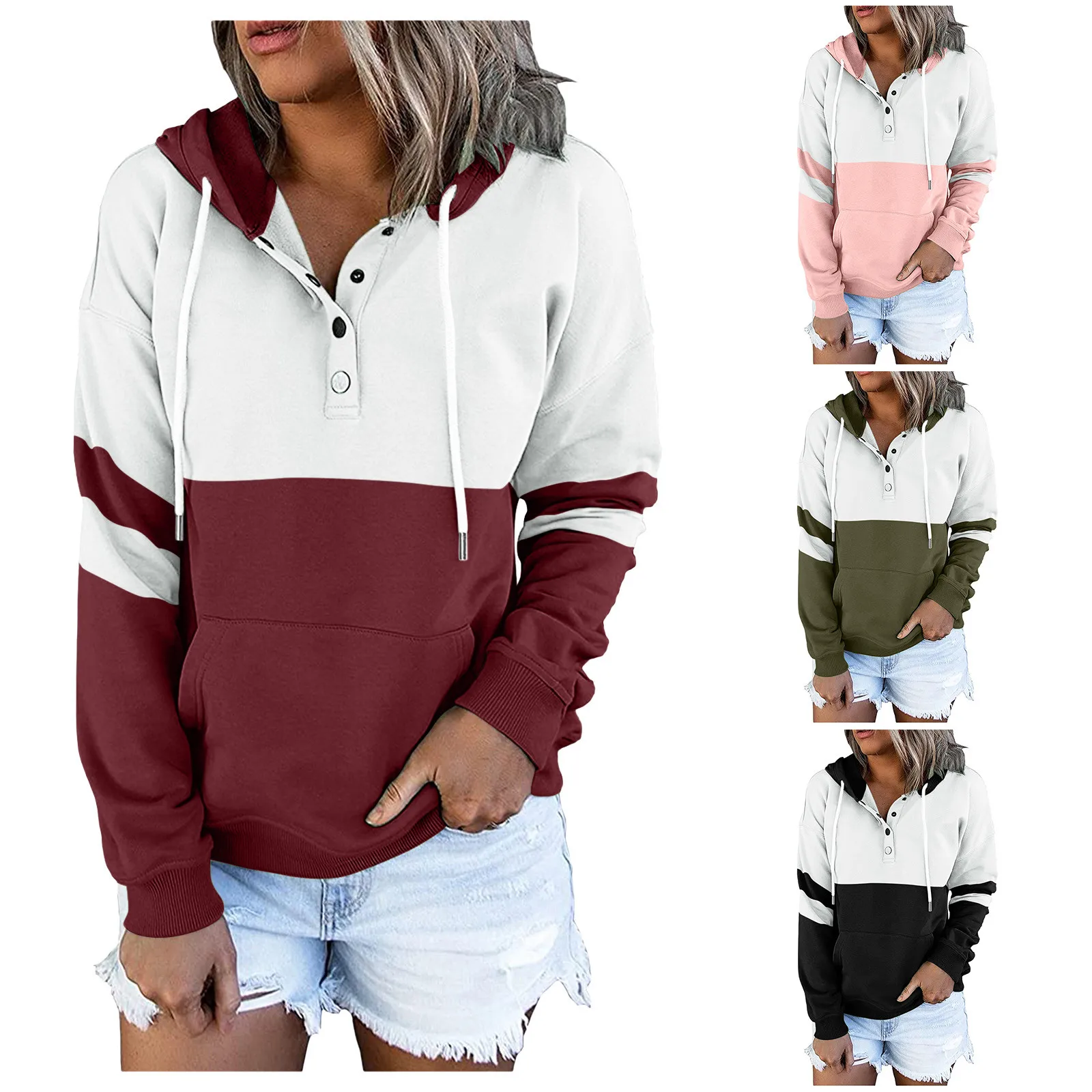 2021 Women Hoodies Harajuku Solid Patchwork Long Sleeve Hooded Sweatshirt Autumn Winter Casual Oversized Female Tracksuit 1