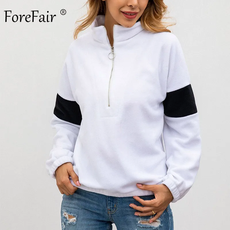 

Forefair Half Zip Fleece Turtleneck Sweatshirt Women Autumn Long Sleeve Tops Casual Oversize Patchwork Winter Hoodie Sweatshirt