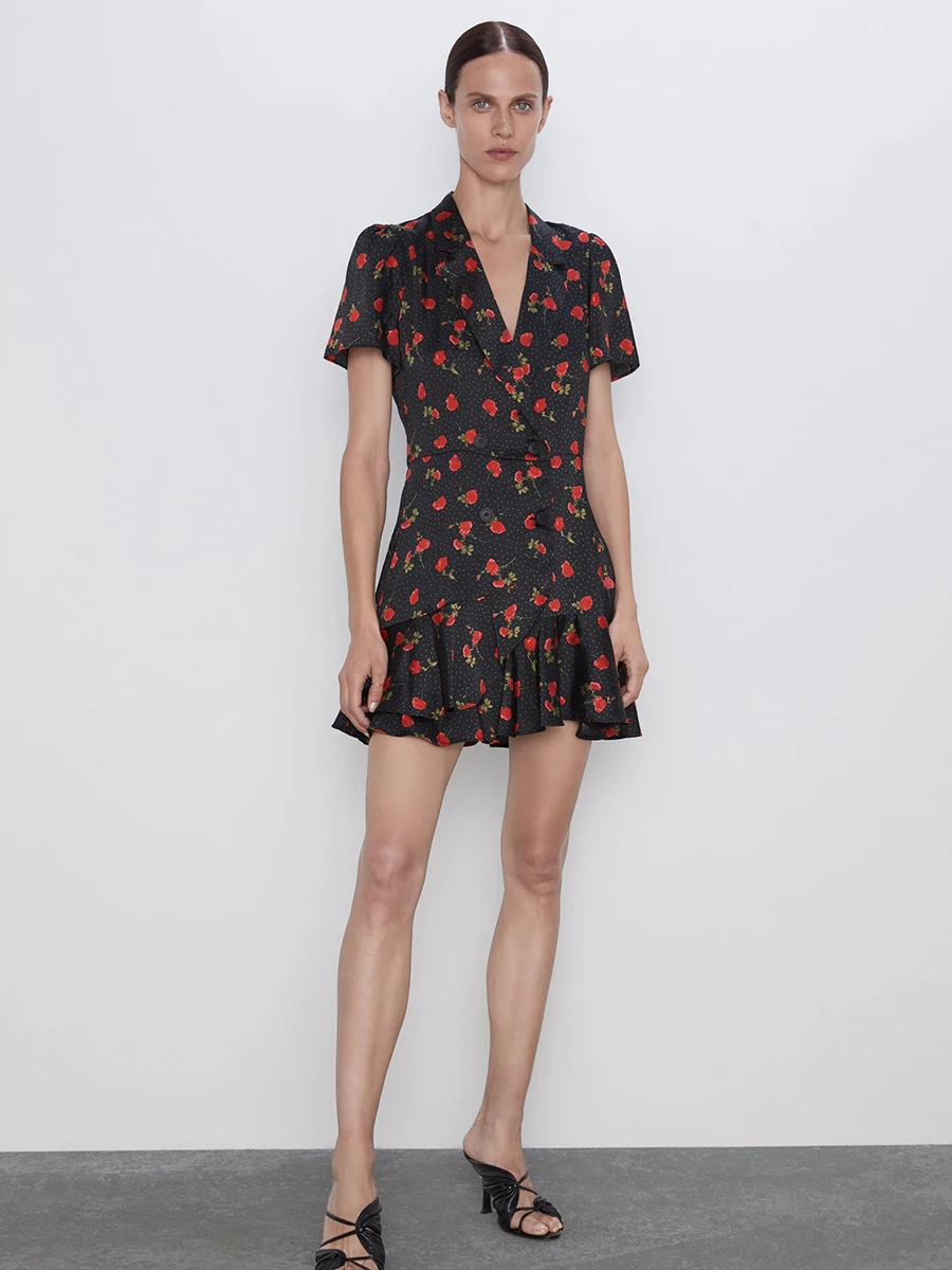 

2019 Summer Vintage Women Dress Short Sleeve V Neck Floral Print Button Ruffles Slim A Line Mini Dress Rompers Party