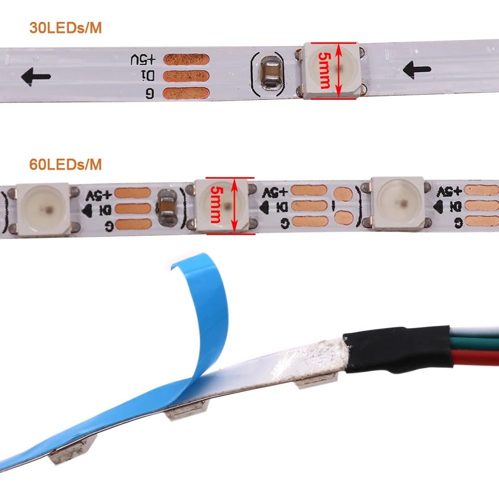 DC5V 5 м RGB ленточный светильник WS2812B 30 светодиодный/M 60 светодиодный s/m светодиодный пиксельный ленточный светильник WS2812 IC WS2812B изменение цвета украшения дома белый PCB