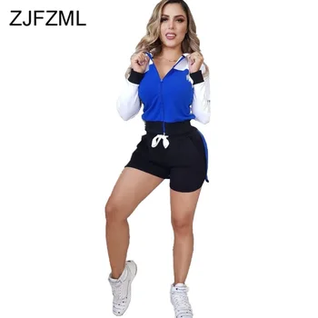 

Color Block Spliced 2 Two Piece Outfits Women Clothes 2020 Long Sleeve Hooded Jacket And Biker Shorts Sportswear Matching Suits