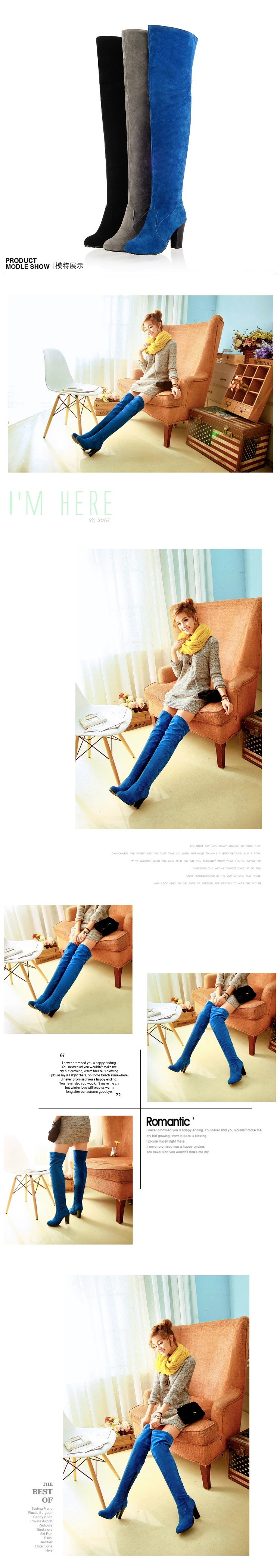 Super High Thick Heel Frosted Flock Plush Lining Women's Over-The-Knee Boots Super-Sized Side Zipper Slip-On Simple Long Boots