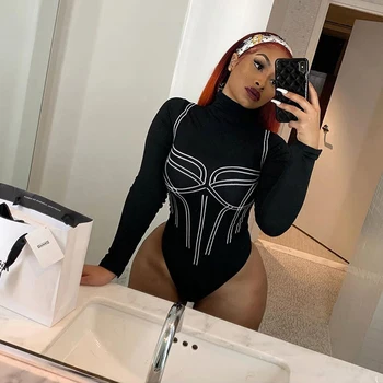 

2020 Sexy Printed Casual Black Long Sleeve Bodysuit Women Fashion Body Women Outfits Autumn Spring High Waist Short Jumpsuits