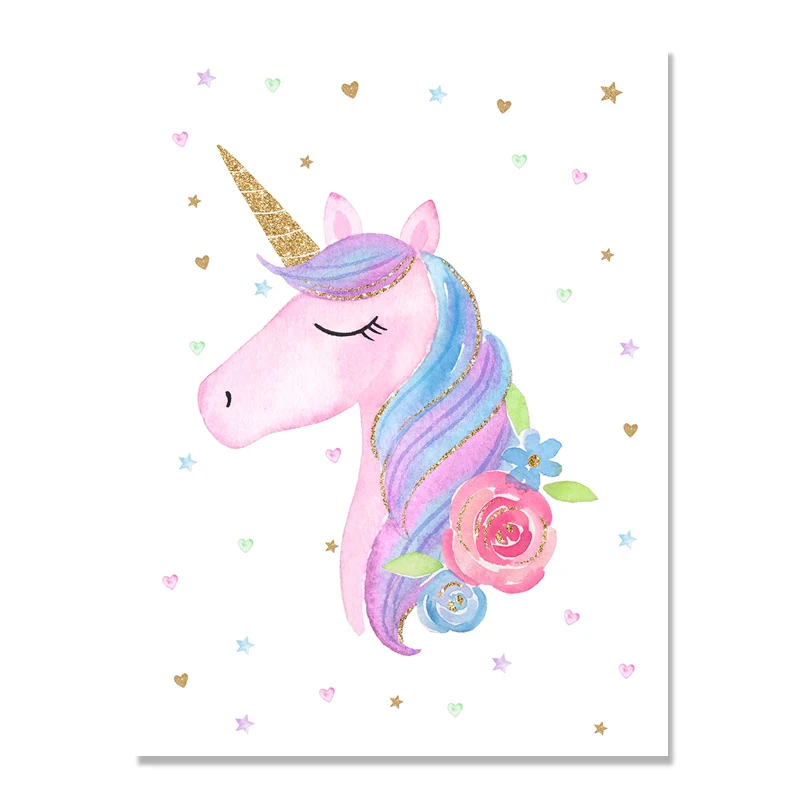 Розовый Единорог холст художественные принты Акварельные Цветы плакаты и