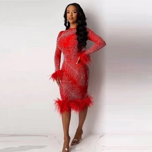 Модное красное, черное, белое платье с перьями и бусинами, сексуальное осеннее платье до середины икры, Сетчатое облегающее платье, 2 предмета, бандажные вечерние платья знаменитостей