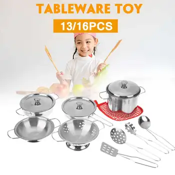 

16Pcs Stainless Steel Kitchen Toys Kids House Cooking Cookware Children Pretend Play Kitchen Playset - Silver Figures