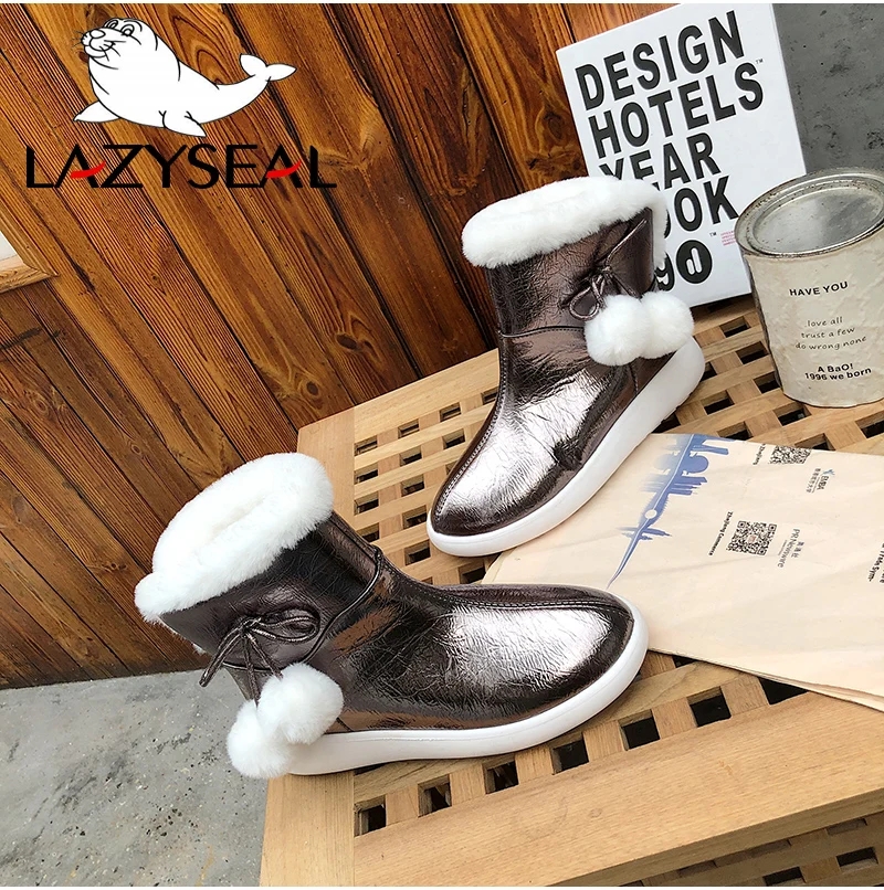 LazySeal/Новые теплые зимние ботинки женская обувь однотонные кожаные зимние полусапоги на плоской подошве, на платформе, из водонепроницаемого материала, с меховым помпоном