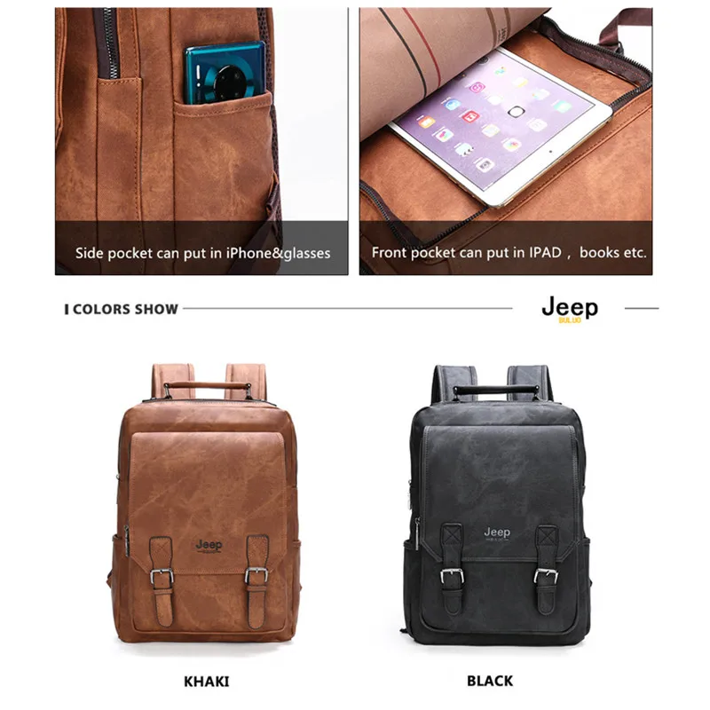 JEEP PU Leather School Bag Men's Backpack