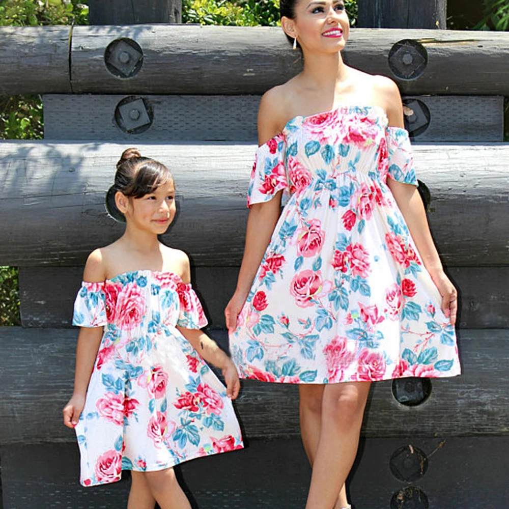 

CYSINCOS 2020 Summer Fashion Family Floral Dresses Mother Daughter Matching Baby Girl Flower Printed Off Shoulder Clothes Outfit