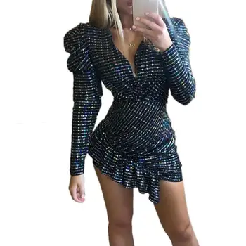 

2020 Long Sleeve Ruffled Slim Sequins Elasticity Party Mini Dress Newest Sequin Dress Sexy Deep V-Neck Bubble Elegant Vintage