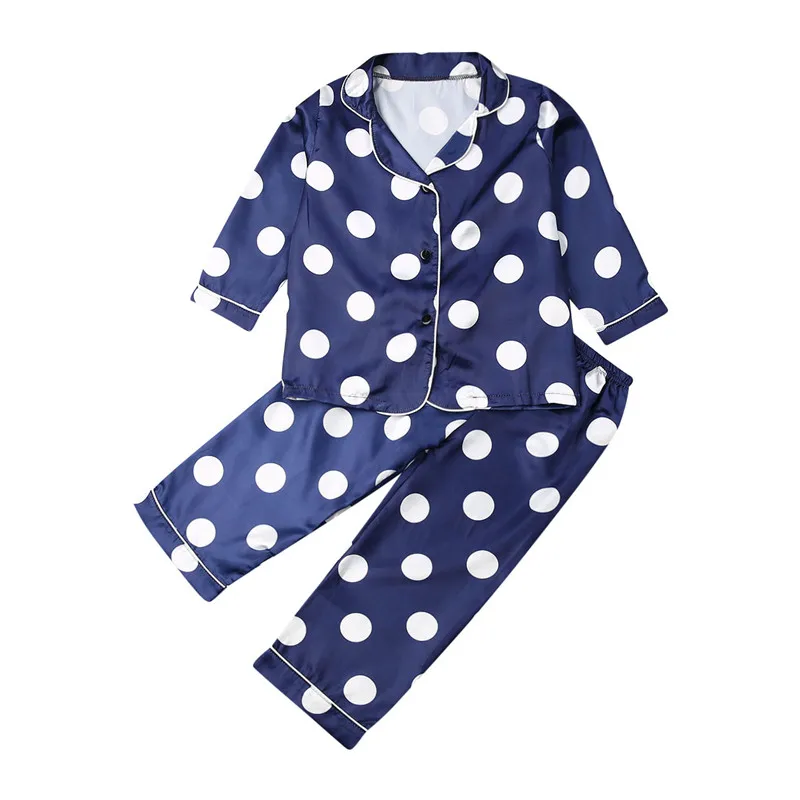 Navy Blue dot Pudcoco/ пижамный комплект из шелкового атласа для мальчиков и девочек, осенне-весенний топ с длинными рукавами и принтом+ штаны, одежда для сна детский От 1 до 7 лет из 2 предметов - Цвет: Navy Blue dot