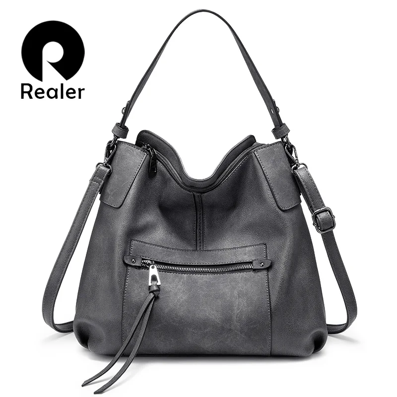 

REALER women shoulder bag Large hobos Totes bag crossbody messenger bags for women 2019 luxury handbag PU leather gray hand bag