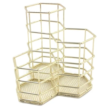 

Makeup Tool Storage Rack Plating Diamond Pen Holder Hexagon Three Makeup Brush Storage Basket Storage Box Desk Pen Holder