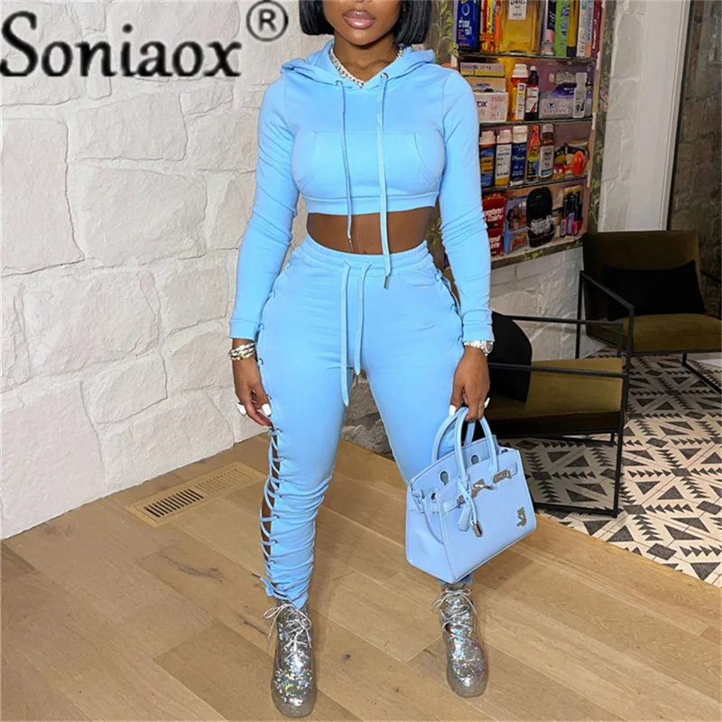 Fashion Sexy Two Piece Pants Sets Women Hollow Out Cross Lace-Up Hoodie Crop Top Trousers Autumn 2021 Casual Fitness Tracksuits women jeans african mid waist ripped elastic sheath full length denim flare pants female fashion casual trousers autumn 2021