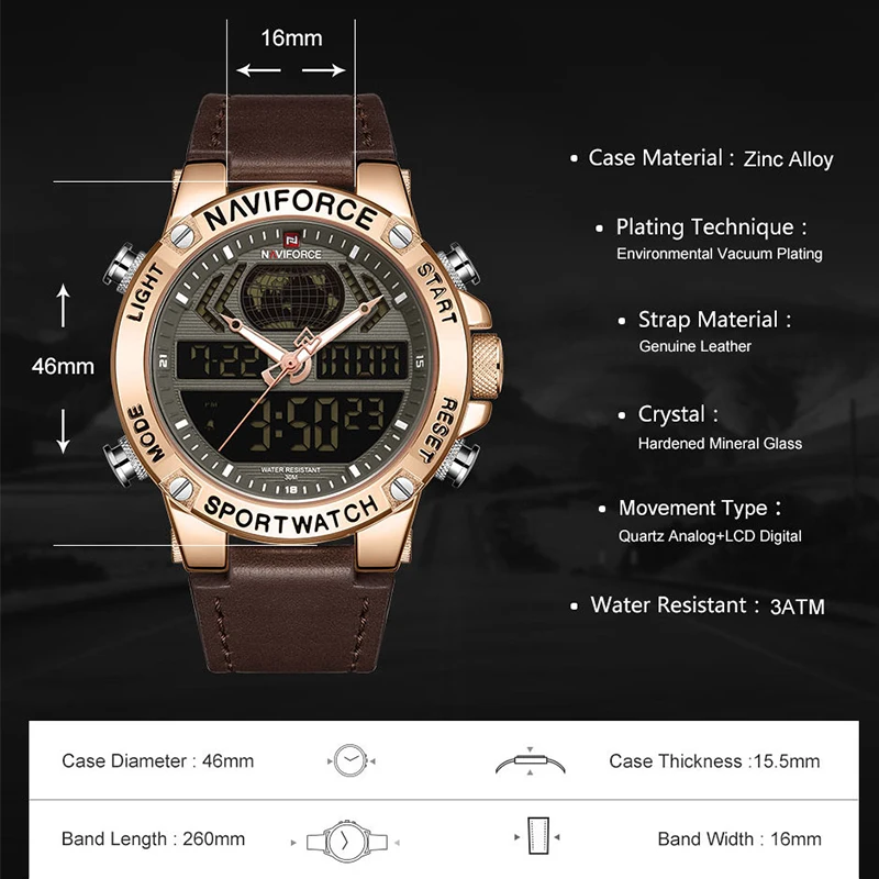 NAVIFORCE новые мужские часы Топ люксовый бренд кожа водонепроницаемые мужские спортивные часы кварцевые аналоговые цифровые часы мужские Relogio Masculino