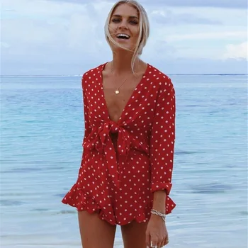 

Red Rompers Womens Jumpsuit Shorts Chiffon Long Sleeve Sexy Polka Dot Women Summer 2020 Laides Femme Casual Macacao Feminino