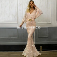 Вечерние платья русалки с блестками, v-образным вырезом и открытой спиной, с длинными рукавами, Дубай, вечернее официальное платье для выпускного вечера, вечернее платье, vestidos