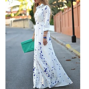 

2019 New Women Summer Sundress Blue graffiti Boho Long Sleeve Long Maxi Dress Evening Party Beach Dress White Summer
