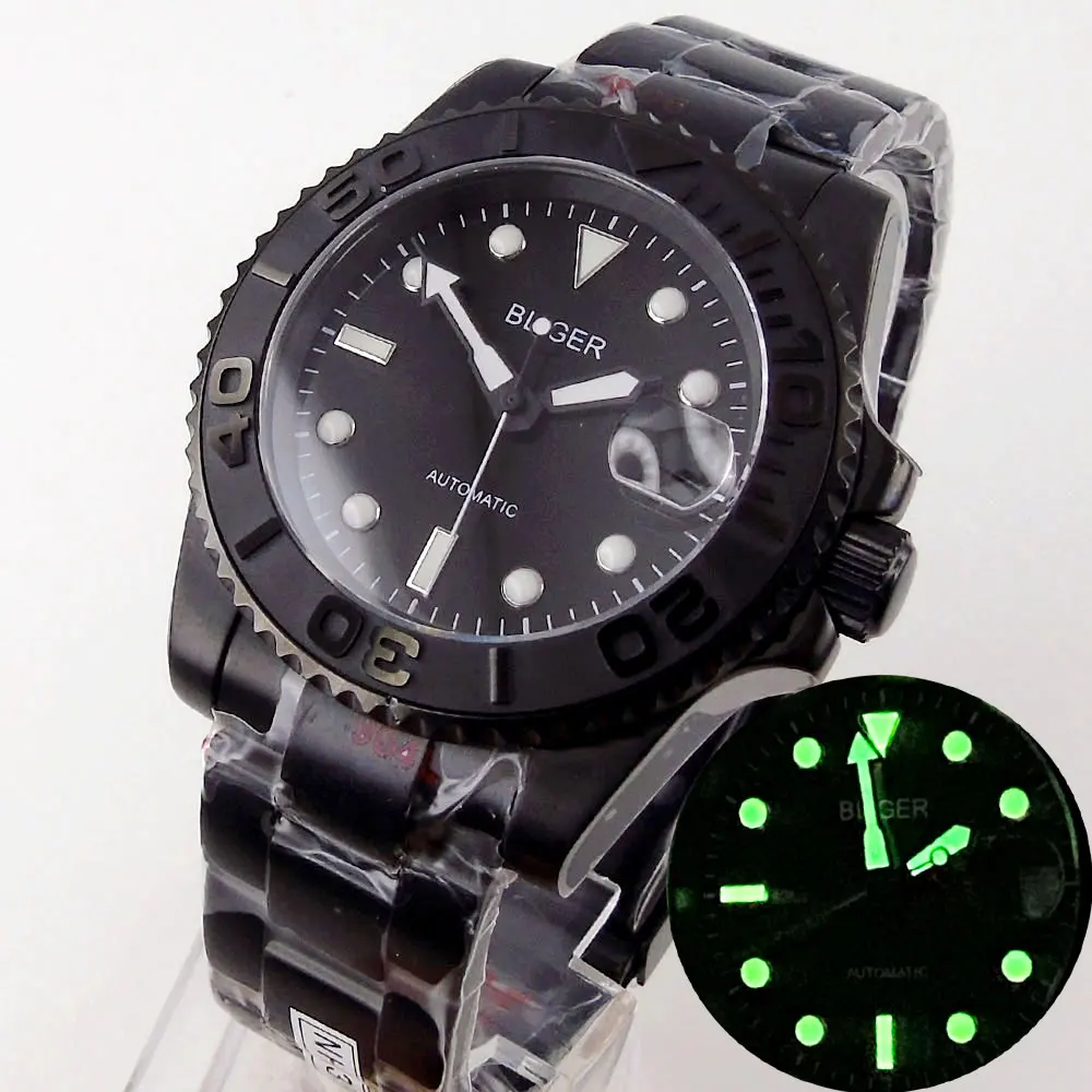 

Fully Black PVD 40mm Automatic Men's Watch NH35/Miyota8215 Sapphire Glass Date Cyclops 316L Band Green Lume Ceramic Bezel