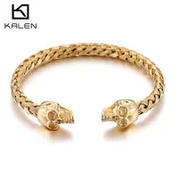 Kalen Double Skull Skull Gold Color Hip Hop Style Stainless Steel Open Bracelet Men's Fashion Jewelry 1