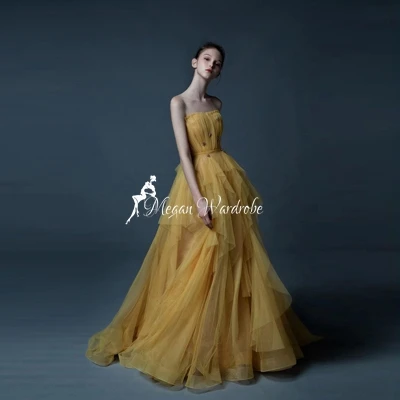 

Sweet Yellow A-Line Long Tulle Evening Gowns Women Girls Elegant Strapless Ruffles Prom Dresses Custom Made vestito