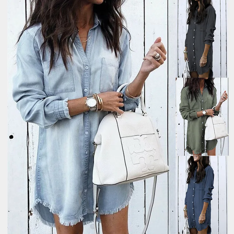

2019 Newly Autumn Women Causal Blouse Tops 3 Style Long Sleeve Single Breasted Solid Denim Long Length Blouse Tops