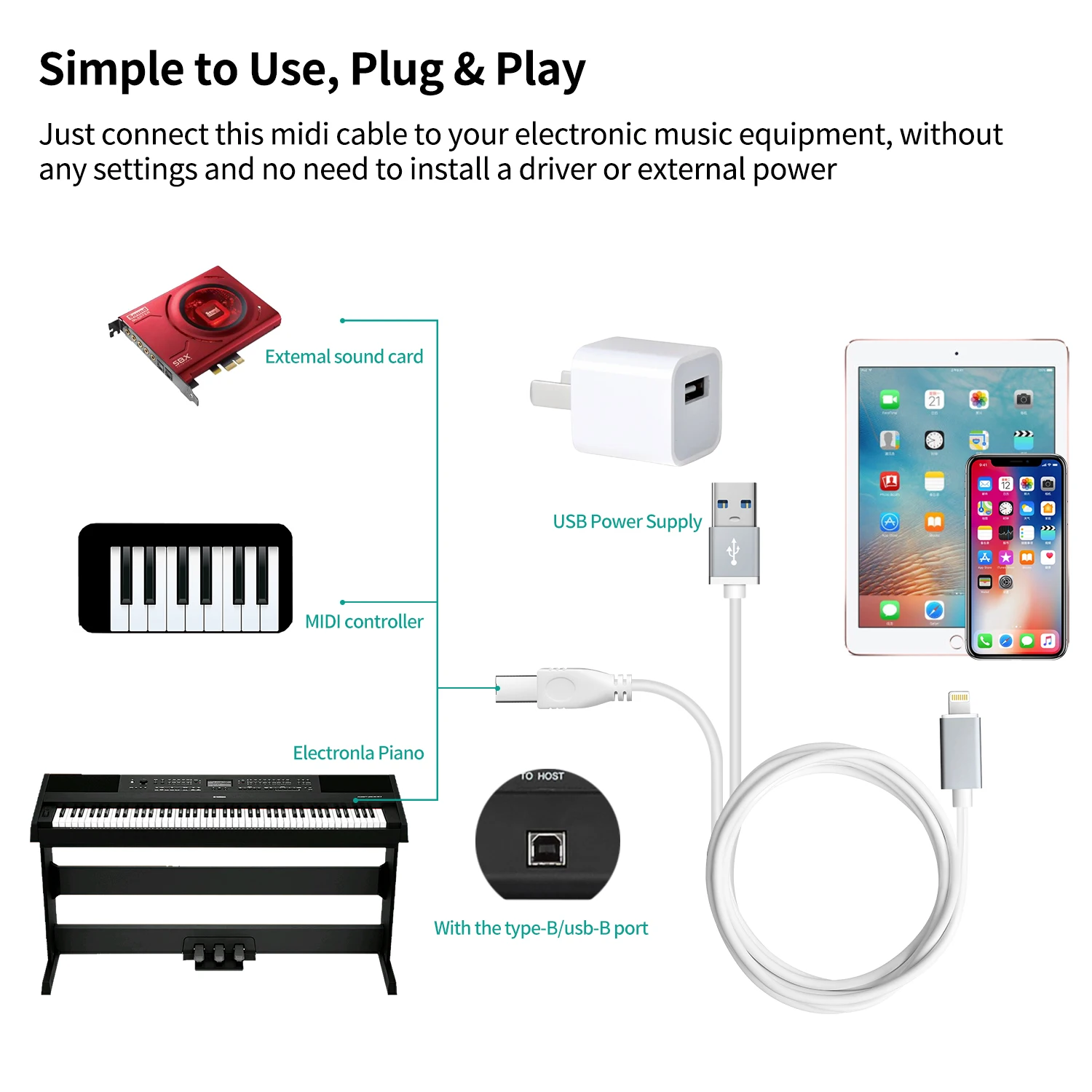 USB кабель типа B для миди OTG и зарядный совместимый с устройствами iOS контроллера