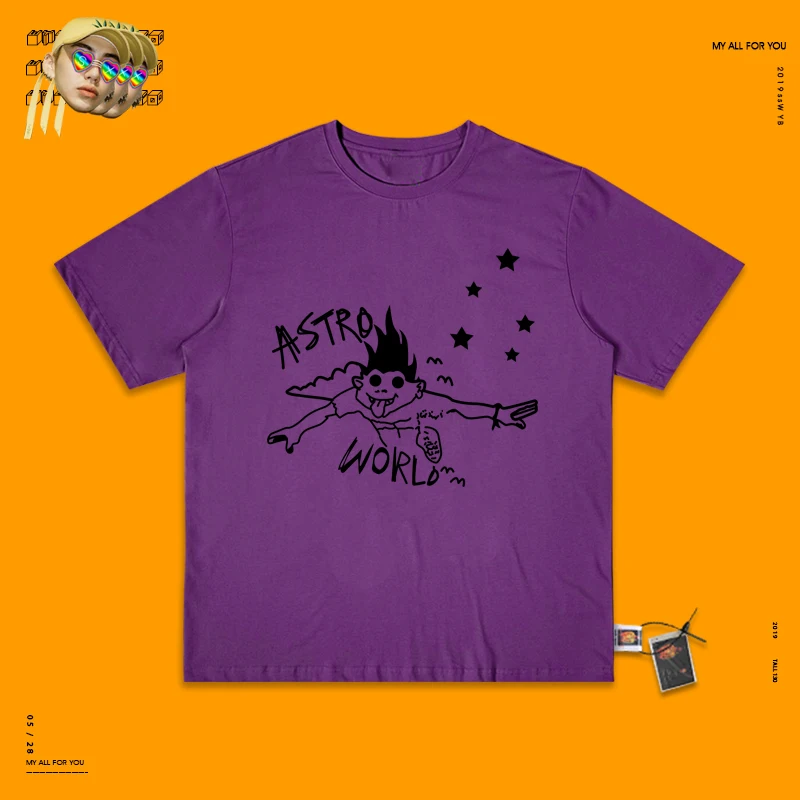 Violet Складка Широкие штаны настоящая футболка Трэвиса Скотта каракули короткий рукав женщина Рука Ветер вниз одежда быть отсутствующим - Цвет: Violet