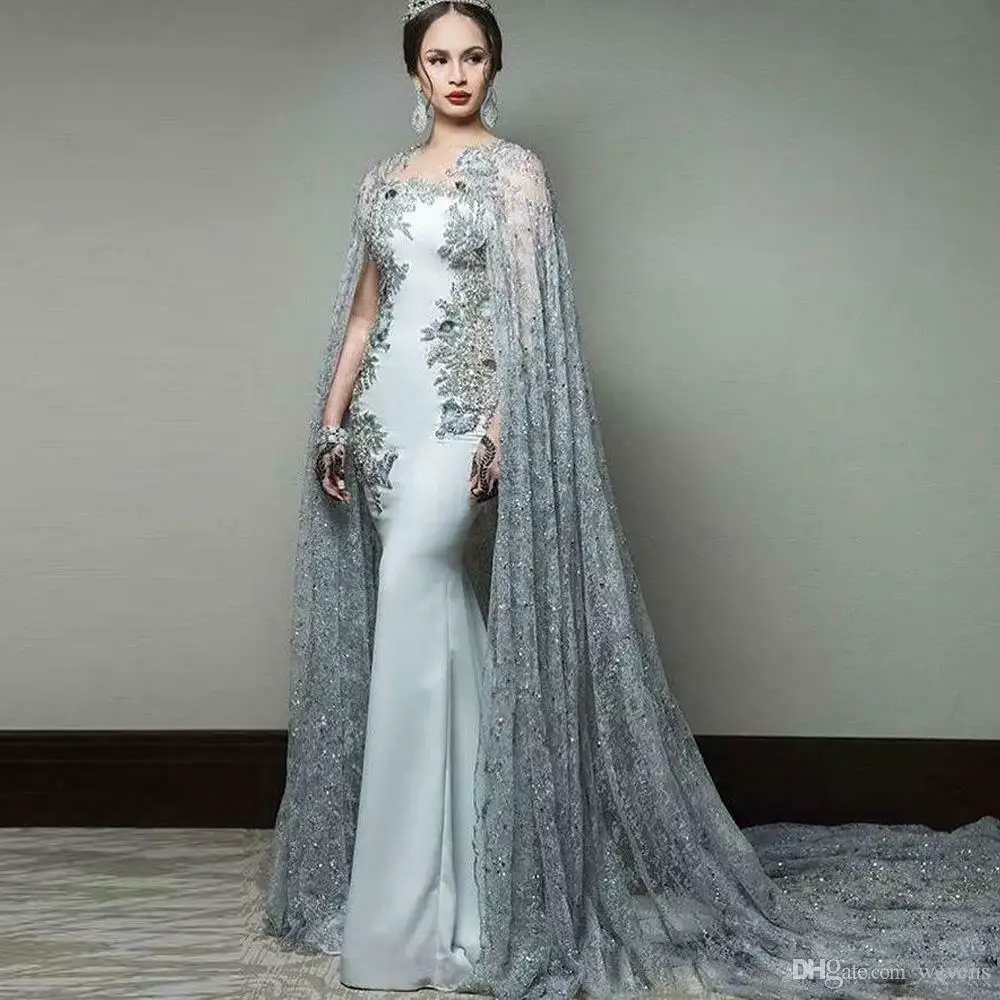 

Newest Abric Mermaid Evening Dress with Cape Sleeve Jewel Neck Formal Prom Gown