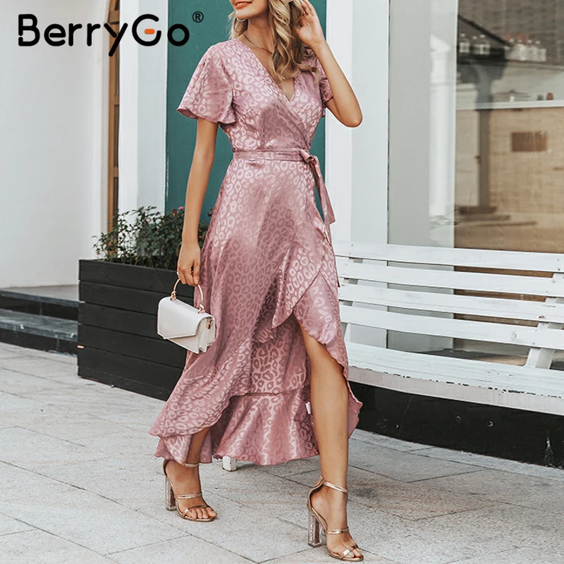 Женское леопардовое платье с поясом BerryGo летнее v образным вырезом и цветочным