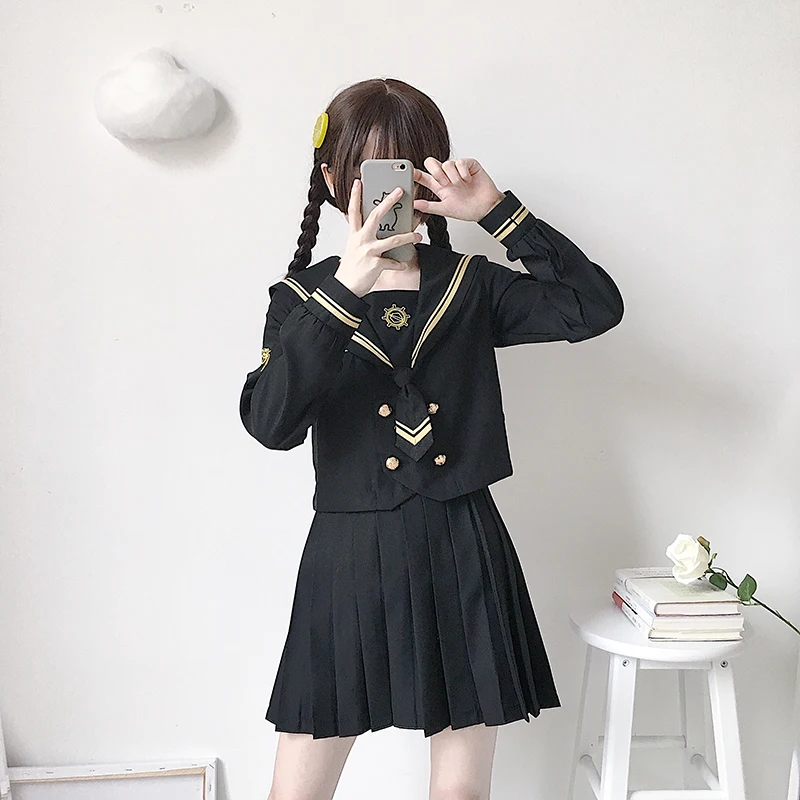 

Japanese School Uniforms JK Suits Black Skirts Female Dresses Sailor Costumes Dress Girls Embroidery Costumes Clothes for Women