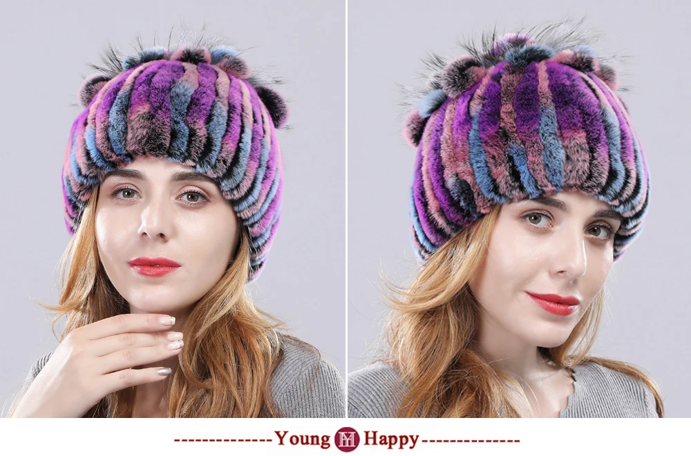 Women Real Rex Rabbit Fur Hats Lady Handmade Knitted Striped Genuine Rex Rabbit Fur Cap Winter Warm Fashion Fur Beanies