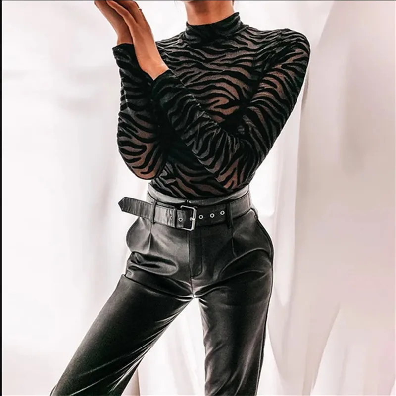 Women Sexy Mesh Striped See-through Bodysuit Jumpsuit 2020 Turtleneck Long Sleeve Bodycon Slim Black Bodysuit Clubwear Romper