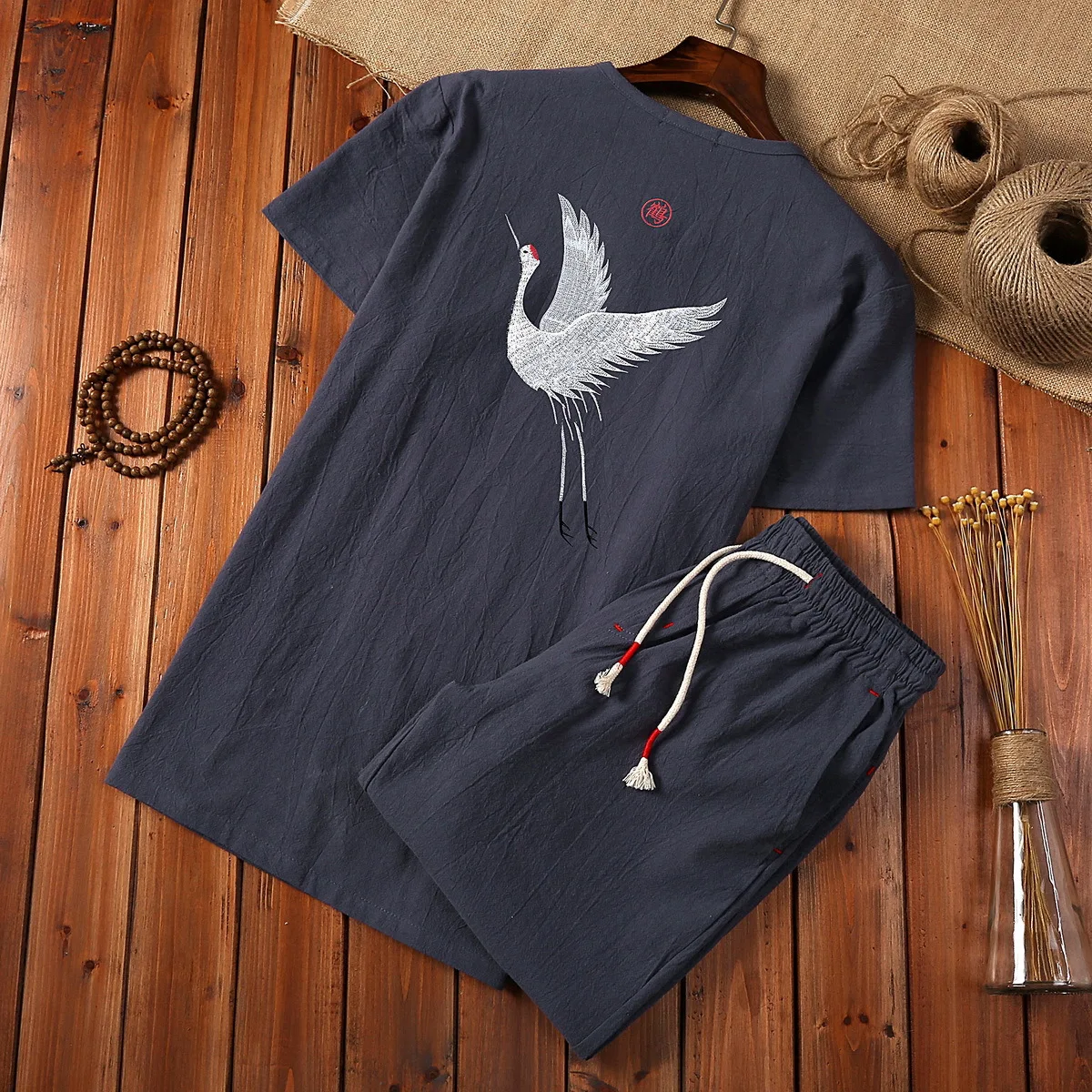 

New Style Summer MEN'S Suit Short Sleeve T-shirt Crane Embroidery Casual Shorts Cotton Linen Large Size Chinese-style Two-Piece