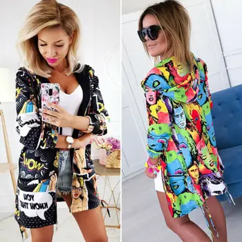 

2020 Women's Autumn Vintage Printes Zipper Jacket Loose Vintage Long Coat Jacket Sexy Female Long Sleeve Tops Outwear Overcoat