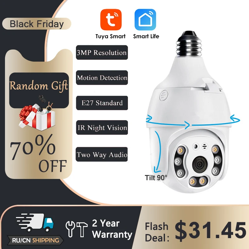 Smart Life E27 Bulb Tuya Wifi Camera 3MP PTZ Cam with Full Light Night Vision Two Way Talk Auto Tracking for Indoor Or Outdoor |