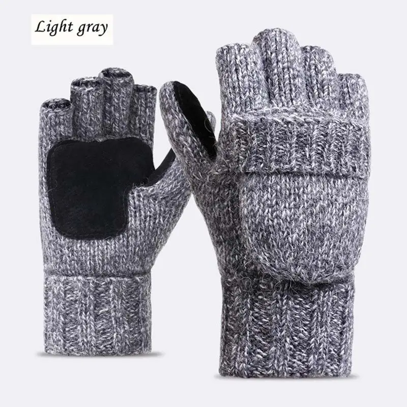 Light gray Унисекс плюс толстые мужские перчатки без пальцев мужские шерстяные зимние теплые открытые перчатки вязаные теплые перчатки на половину пальцев - Цвет: Light gray