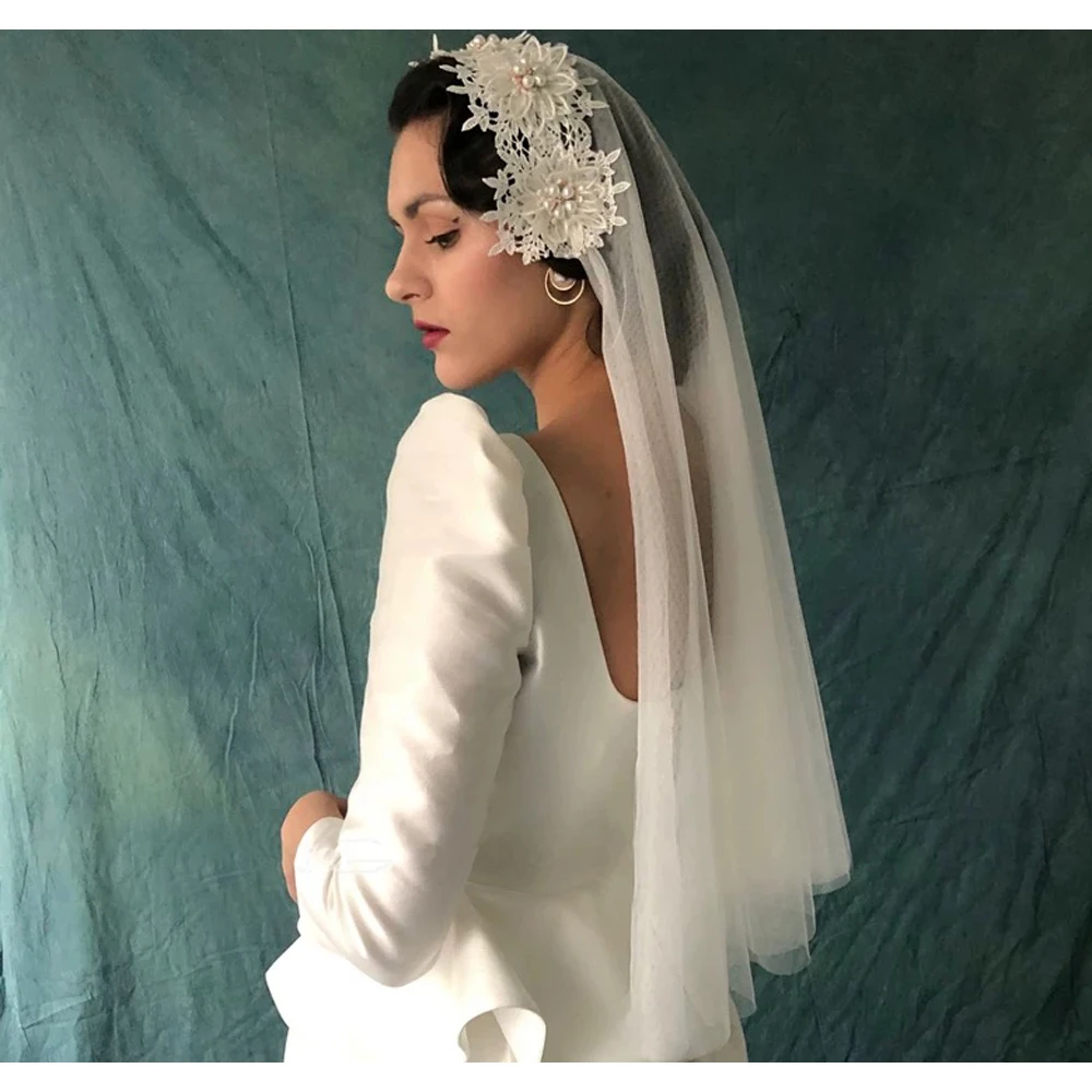 

Ivory Wedding Veils Soft Tulle with Floral Applique and Pearls Free Shipping Wedding Veils