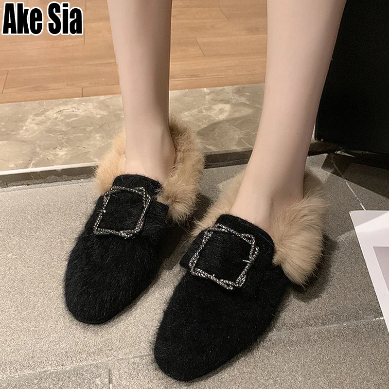 

HOT Autumn Winter Women Lady Styish Casual Fur Warm Flat Slip On Girl Lazy Loafers Metal Buckle Shoes Moccasin Indoor Shoes C181
