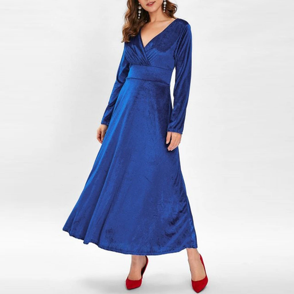 Autumn Women Dress Casual Full Sleeve V-Neck Ruched Dresses Thin Floral Solid Color Long Kaftan Dress Spring Ladies Girls 806